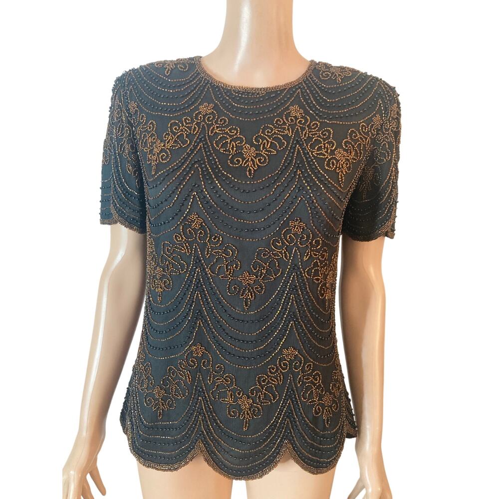 Papell Boutique Evening Beaded Silk Top Womens S Black Bronze Art Deco Formal
